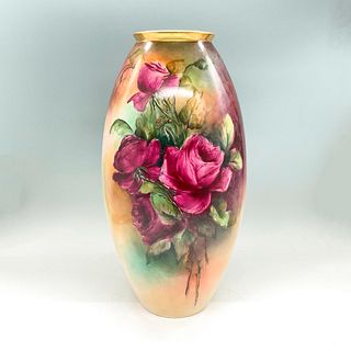 Antique Willets Belleek Porcelain Vase, Magenta Roses