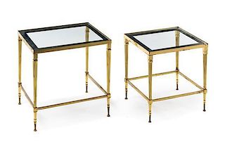 * French, SECOND HALF 20TH CENTURY, a set of two brass and glass nesting tables