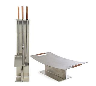 A Modern Brushed Metal Fireplace Tool Set, with Log Holder Height overall: 31 inches Log holder: Height 7 ½ x width 24 x dep