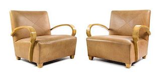 A Pair of American Maple and Leather Lounge Chairs, Height 30 inches