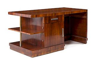 An Art Deco Mahogany, Glass, and Chromed Metal Desk Height 29 1/2 x width 59 x depth 29 1/2 inches