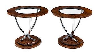 A Pair of Art Deco Rosewood, Chrome and Glass Occasional Tables Height 24 x diameter 20 1/2 inches