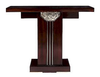 An Art Deco Mahogany and Metal Console Table Height 33 x width 43 x depth 15 inches