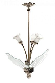 An Art Deco Chromed Metal and Glass Chandelier Height 31 1/2 inches