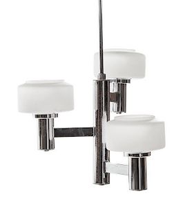 An Art Deco Three-Light Chrome and Frosted Glass Chandelier Height 34 x diameter 17 1/2 inches