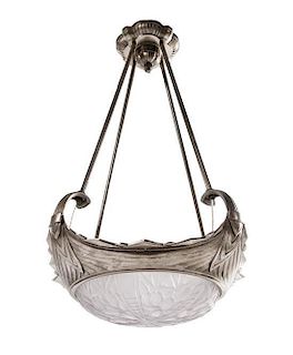 An Art Deco Frosted Glass and Silvered Bronze Fixture Height 35 x diameter 21 inches
