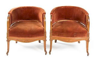 A Pair of Art Nouveau Club Chairs Height 26 x width 25 x depth 17 1/2 x seat height 17 inches