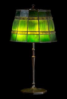 * Tiffany Studios, a linenfold table lamp, Height 27 x shade diameter 15 inches