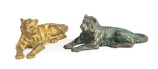 Tiffany Studios, a pair of bronze recumbent lion paperweights (932)