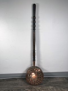 PIERCED COPPER PHEASANT BED WARMER WITH WOODEN HANDLE