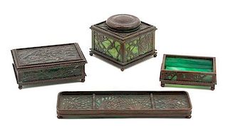Tiffany Studios, a set of three Grapevine pattern desk articles, with a Pine Needle patten pen tray