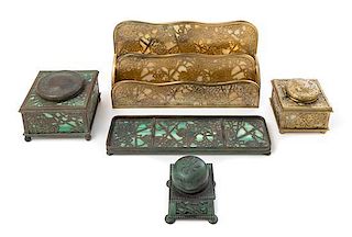 Tiffany Studios, a set of four Grapevine pattern desk articles, with an associated small covered inkwell