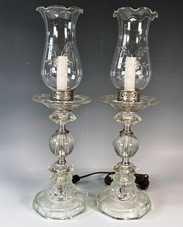 PAIR ELECTRIC GLASS HURRICANE LAMPS