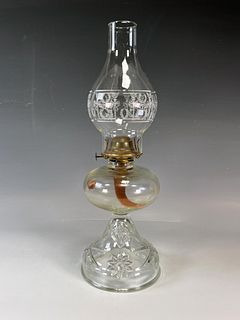 GLASS OIL LAMP WITH DECORATED CHIMNEY