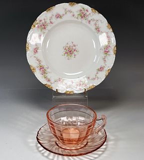 PINK DEPRESSION GLASS CUP AND SAUCER,LIMOGES PINK FLORAL DISH 