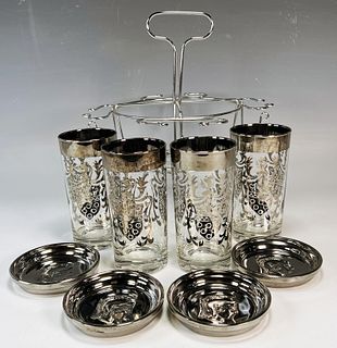 FOUR KIMIKO MCM SILVER KNIGHT SILVER OVERLAY COCKTAIL SET IN CADDY
