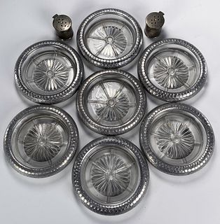 7 HAMMERED ALUMINUM & GLASS COASTERS AIRLINE S&P SHAKERS