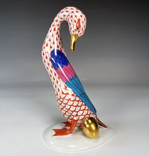 HEREND GOOSE WITH GOLDEN EGG RUST ORANGE FISHNET HAND PAINTED 