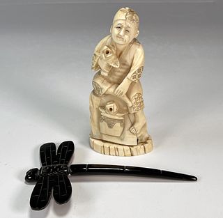 CARVED JAPANESE FIGURE HOLDING FLOWERS & DRAGONFLY HAIRPIN. 