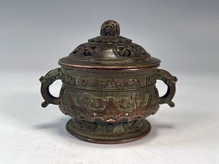 CHINESE BRONZE CENSER WITH PIERCED LID