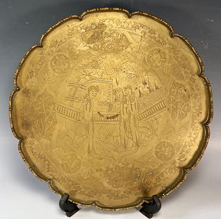 CHINESE BRASS SCALLOPED FIGURAL TRAY