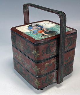 CHINESE THREE TIERED LUNCH BOX WITH PORCELAIN TOP