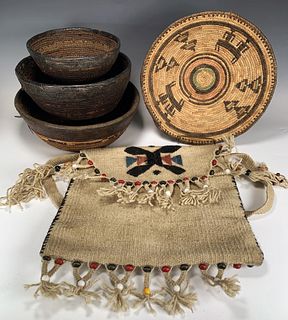 FOUR WOVEN NATIVE ETHNIC BASKETS