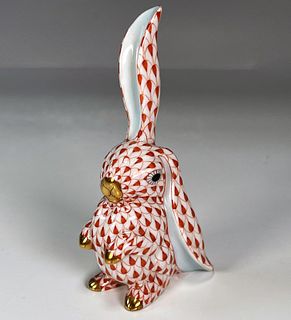 HEREND HAND PAINTED RUST ORANGE FISHNET BUNNY WITH ONE EAR UP