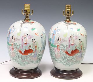 (2) CHINESE PORCELAIN MELON JARS TABLE LAMPS