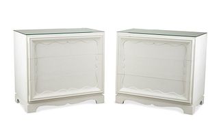 PAIR GROSFELD HOUSE MIRRORED TOPPED WHITE CHESTS