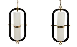 PAIR OF MCM BRASS AND TUBE SCONCES ON CHAINS