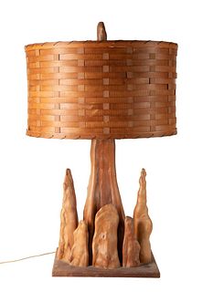 MID CENTURY CYPRESS ROOT TABLE LAMP W/ SHADE