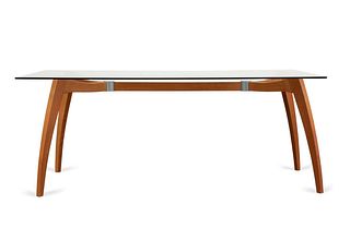 ITALIAN MCM STYLE GLASS TOP DINING TABLE, 'X' BASE