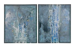PAIR, DOUBLE SIDED ABSTRACT OIL/MIXED MEDIA WORKS