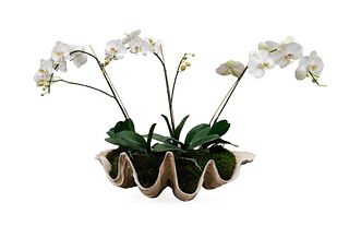 LARGE HALF CLAM SHELL WITH ARTIFICIAL ORCHIDS