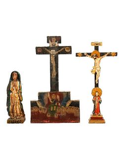 Two Wood Crucifixes and a Carved Mary Figure.