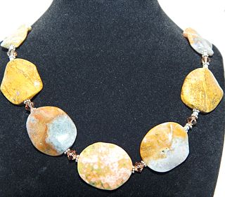 .925 Sterling Silver & Ocean Jasper Necklace with Crystal & Sterling Accent Beads 