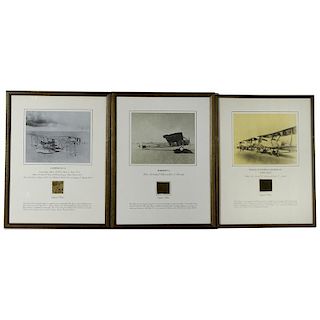 Set of 9 Aviation Prints with Original Airplane Cloth Fragments