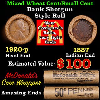 Small Cent Mixed Roll Orig Brandt McDonalds Wrapper, 1920-p Lincoln Wheat end, 1887 Indian other end, 50c
