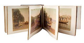 (JAPAN) Album of 50 tinted photographs of scenes of Japan. Circa 1900. Oblong, 4 x 6 inches, Japanese fan- folded leaves with