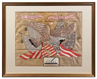 JAPANESE EMBROIDERED SILK PANEL Depicts an eagle and the motto of the United Sates. Framed.