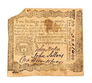 (AMERICAN REVOLUTION) MORTON, JOHN. Colonial Penn. Haf Crown / Two Shillings and Six Pence note, dated 1772 and signed. 3.25 