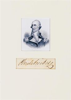 MUHLENBERG, PETER. Clipped signature ("P. Muhlenberg"). Mounted and matted with repro. portrait photograph.
