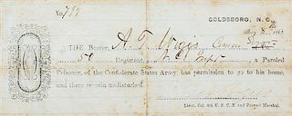 (CIVIL WAR)  Prisoner of War Parole Document from the Confederate Army releasing Arthur T. Wiggs. Dated May 8 1865. Framed.