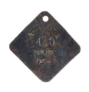 (AFRICAN AMERICANA) Charleston S.C. Porter slave tag. Numbered 440. Dated 1856.