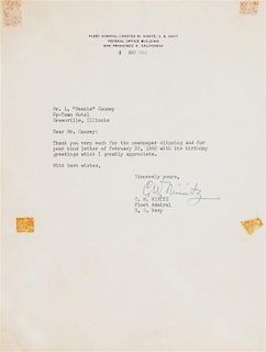 (MILITARY HISTORY) NIMITZ, C. W. Typed Letter Signed by Fleet Admiral Chester W. Nimitz. Dated March 4, 1960. 1 page.
