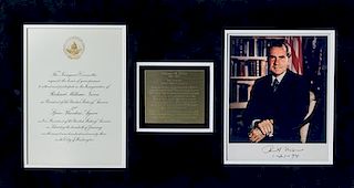NIXON, RICHARD M. Color photo signed, January 21, 1974. With 1973 Inaugural Invitation. Framed (46 x 73 1/2 cm) and matted.