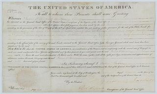 Andrew Jackson Framed 25 x 25 inches. Documents signed, land grant. November 7, 1830.