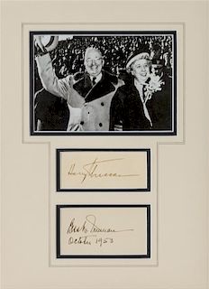 TRUMAN, HARRY AND BESS. Cards signed, October, 1953. Framed and matted in cream with black and white photos of Harry and Bess