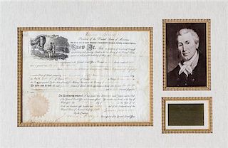 MONROE, JAMES. Document signed, Washington, February 1, 1821. Land Grant. Countersigned by Meigs. One page. Framed and matted